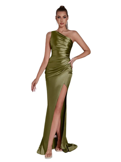 Women Evening Maxi Dress | Wedding Party Dress | One Shoulder Cocktail Dress green