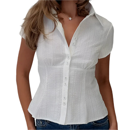 Women Short Sleeve Plaid Button Down Shirt | Button Down Blouse | Fitted Top Plain white