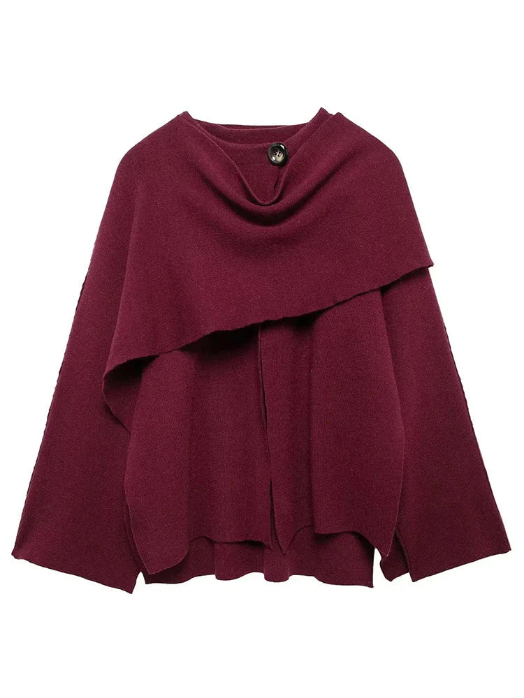Women Scarf Jacket | Knitted Cape Cloak | Short Cape Coat Wine Red
