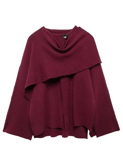 Women Scarf Jacket | Knitted Cape Cloak | Short Cape Coat Wine Red