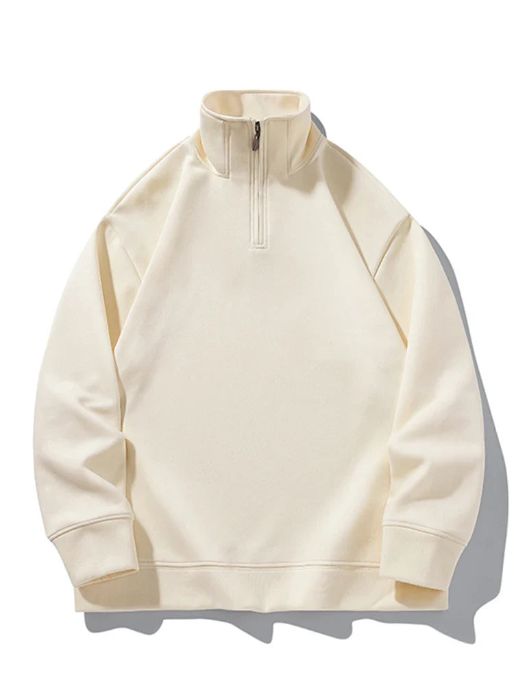 Men's Classic Quarter Zip Sweater | Heavy Cotton Hoodie | Long Sleeved Sweatshirt Beige