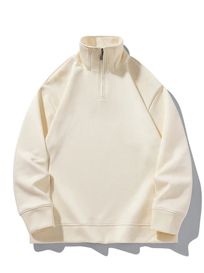 Men's Classic Quarter Zip Sweater | Heavy Cotton Hoodie | Long Sleeved Sweatshirt Beige