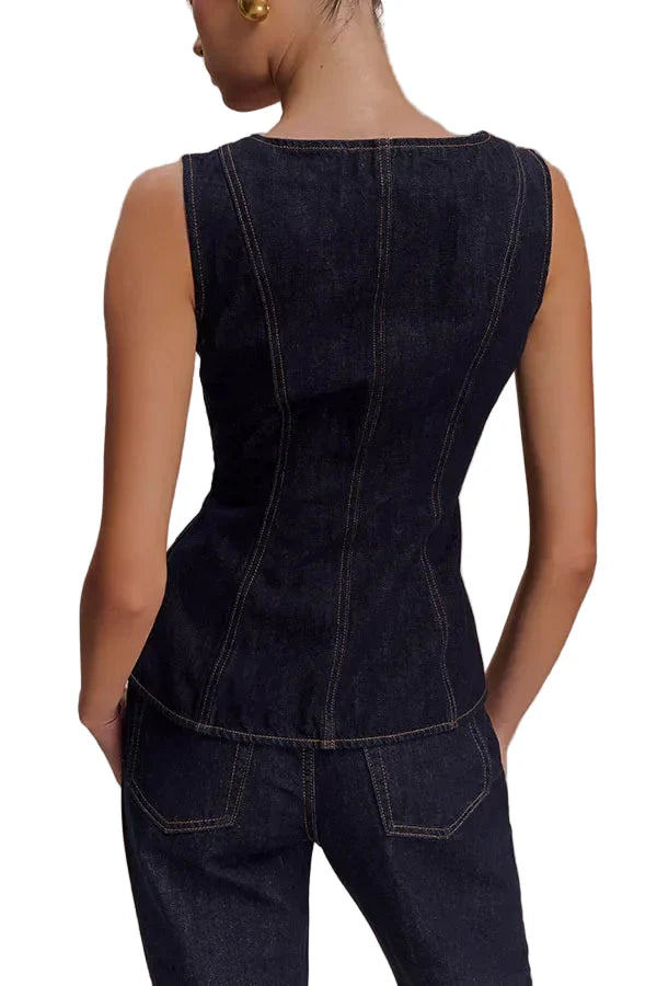 Women Summer Denim High Waist Button Down Top | Vest | Denim Pants | Set