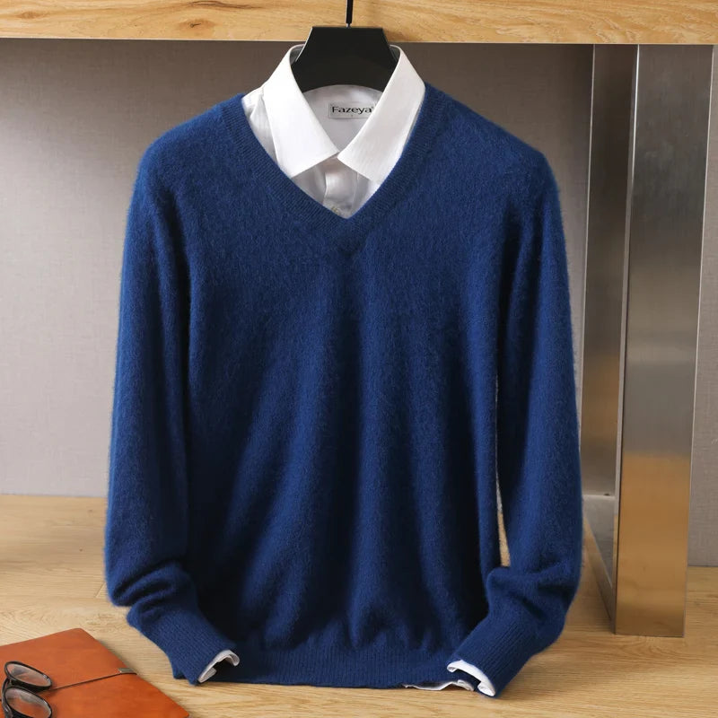 Men Cashmere V-Neck Pullover | Cashmere Knitted Sweater | Mink Winter Long Sleeve Top