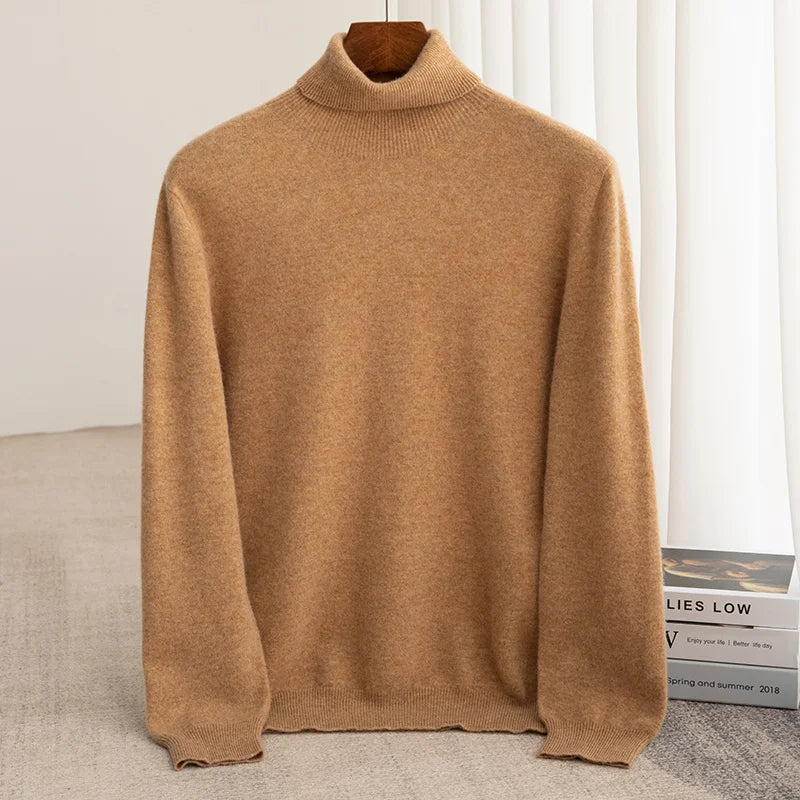 Men Merino Wool Turtleneck Knitted Pullover | Merino Wool Sweater | Cashmere Warm Knit Top Golden Brown