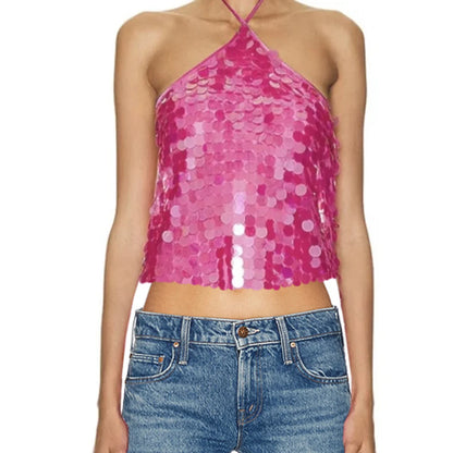 Women Sequin Halter Top | Tank Top | Glitter Tie-Up Vest | Backless Cami Top | Party Pink