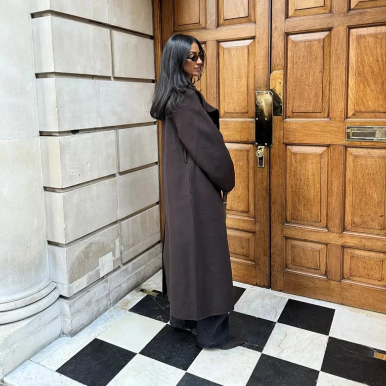 Women Long Cotton Coat | Stand Collar | Single Breasted Coat With Belt