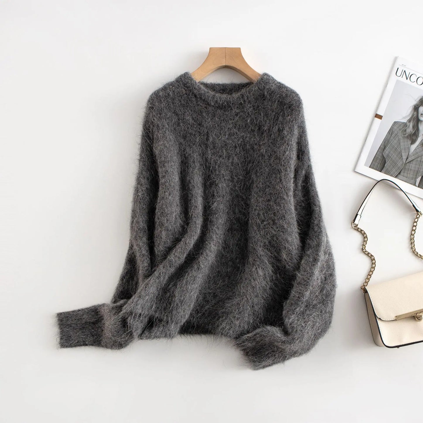 Women Alpaca Sweater | O-Neck | Loose | Knitted Pullover | Winter Sweater Dark Grey One Size