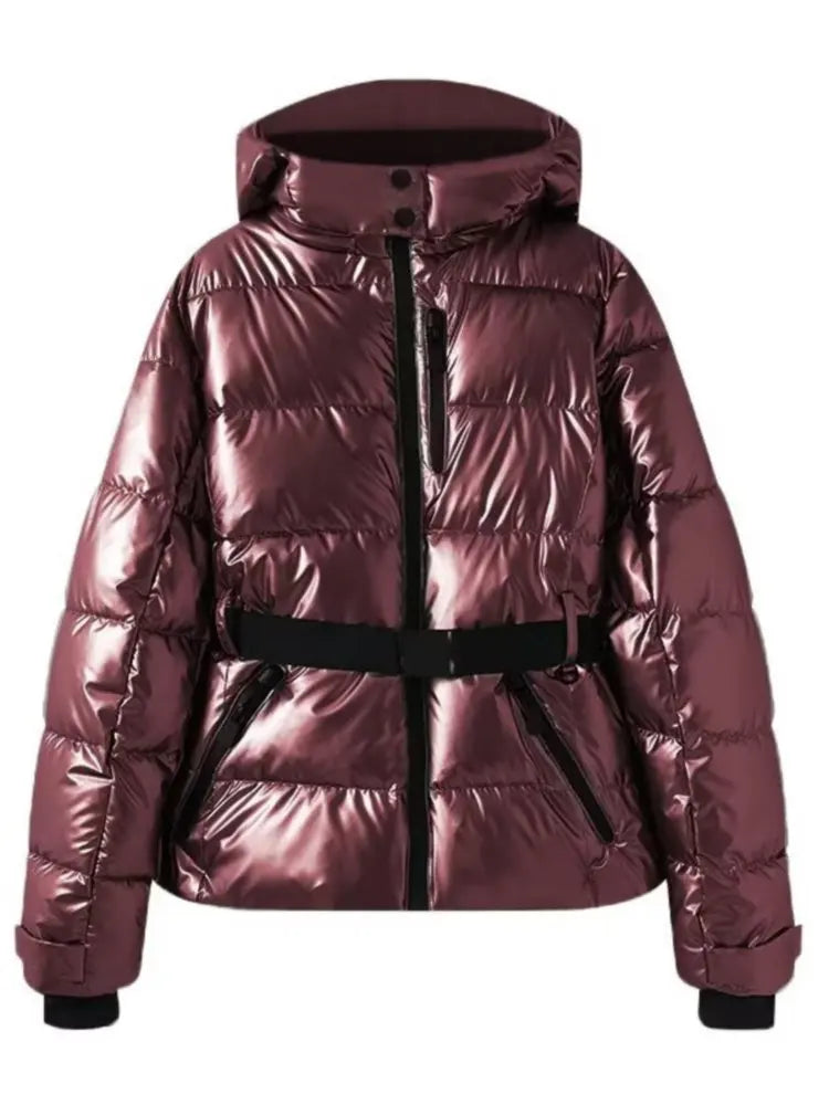 Women Winter Windproof Skiing Jacket | Padded Sport Parkas Jacket | Belt | Hooded | Thick | Warm | Pockets Wine Red