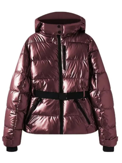 Women Winter Windproof Skiing Jacket | Padded Sport Parkas Jacket | Belt | Hooded | Thick | Warm | Pockets Wine Red