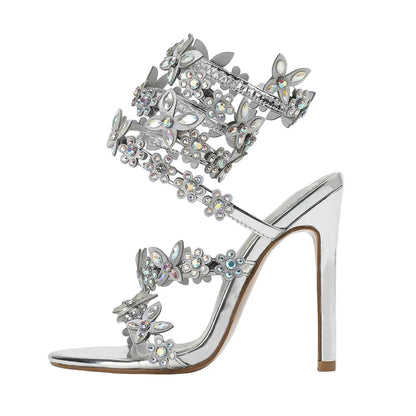 Women Bling Luxury Crystal Butterfly Flower Heels | Gladiator Sandals | Summer High Heels | Wedding Shoes | Sandalias Silver