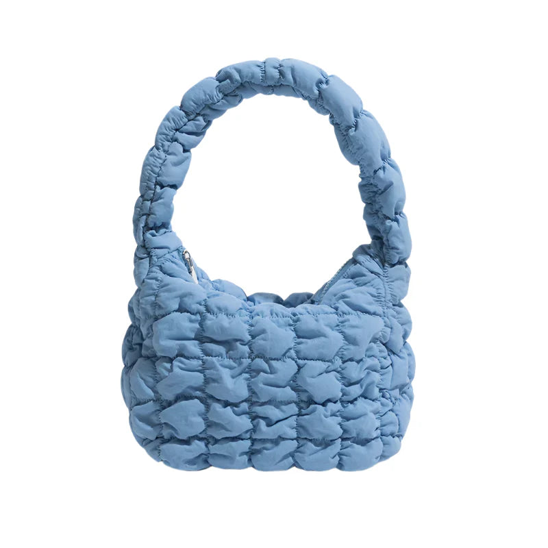 Women Small Puffer Bag | Fluffy Quilted Padding Handbag Blue