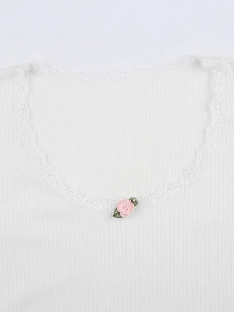 Women White Floral Lace Trim Knitted Crop Top | Basic Casual Full Sleeve T Shirt