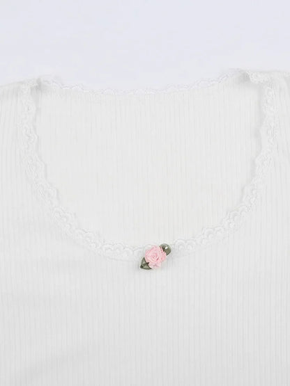 Women White Floral Lace Trim Knitted Crop Top | Basic Casual Full Sleeve T Shirt