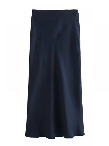 Women Solid Pleated Midi Satin Skirt | Mid Elastic Waist Vintage Skirt Deep Blue