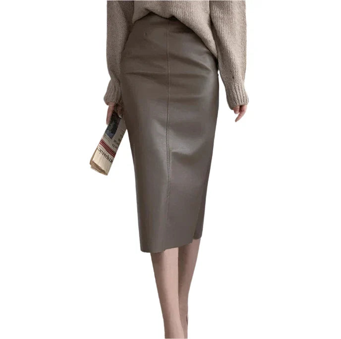Women Leather Midi Skirt | Classic High Waisted Office Skirt | Party Bodycon Wrap
