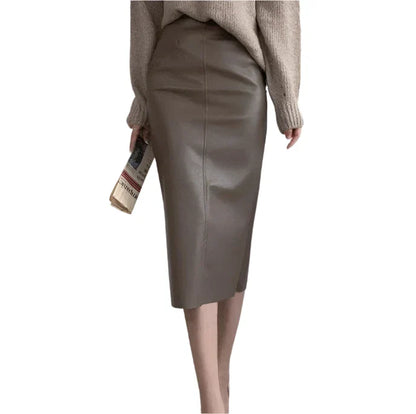 Women Leather Midi Skirt | Classic High Waisted Office Skirt | Party Bodycon Wrap