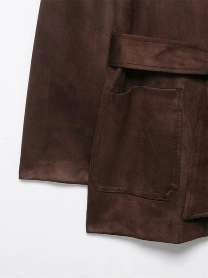 Women Brown Jacket | Long Sleeve | Suede | Belt Jacket