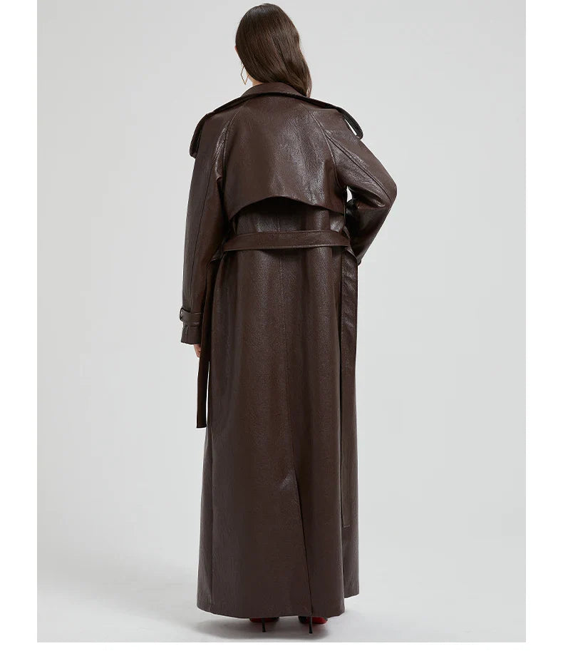 Women Extra Long Leather Trench Coat | Luxury Chic Overcoat | Autumn