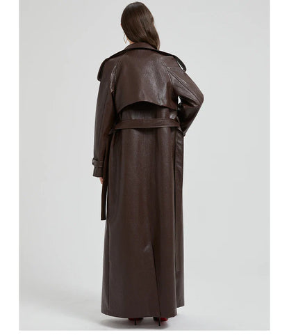 Women Extra Long Leather Trench Coat | Luxury Chic Overcoat | Autumn