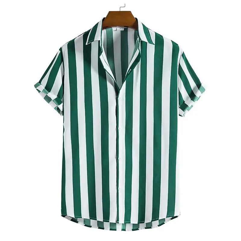 Men Striped Short-Sleeved Button Down Shirt | Casual Loose Lapel Top Green