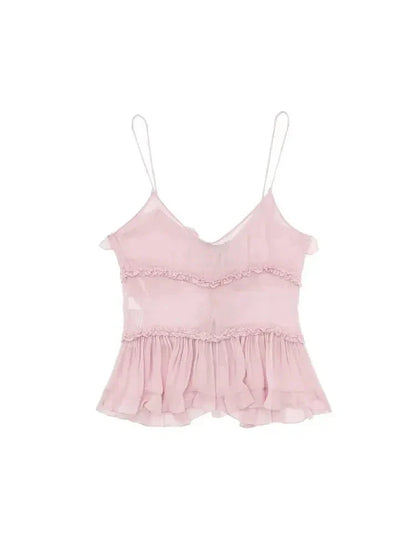 Women Ruffled Front Tank Top | Semi-Sheer Backless Thin Straps Camisole Top