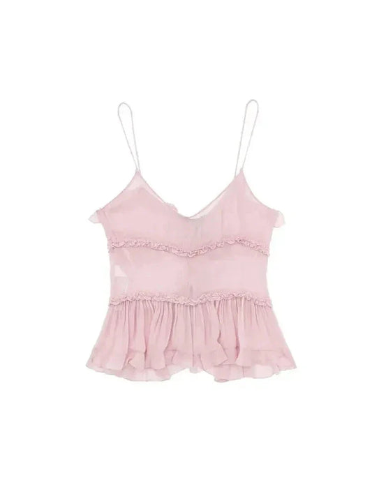 Women Ruffled Front Tank Top | Semi-Sheer Backless Thin Straps Camisole Top