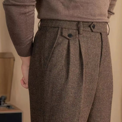 Men High-Waisted Woolen Pants | Herringbone | Italian Vintage Pants | Suit Pants | Warm | Straight Fit