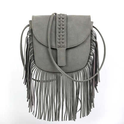 Women Suede Leather Boho Bag | Vintage Fringe Tassel Bohemian Bag Grey