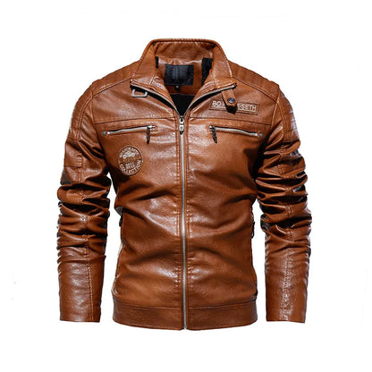 Leather Jacket Men | Fleece Motorcycle Windbreaker Slim Coat | Removable Fur Collar Brown