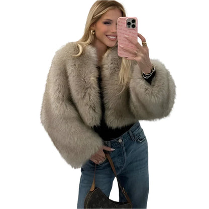 Women Vintage Warm Fluffy Cropped Fur Coat Gray