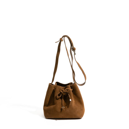 Women Suede Bucket Bag | Pleated Drawstring Bag light bown