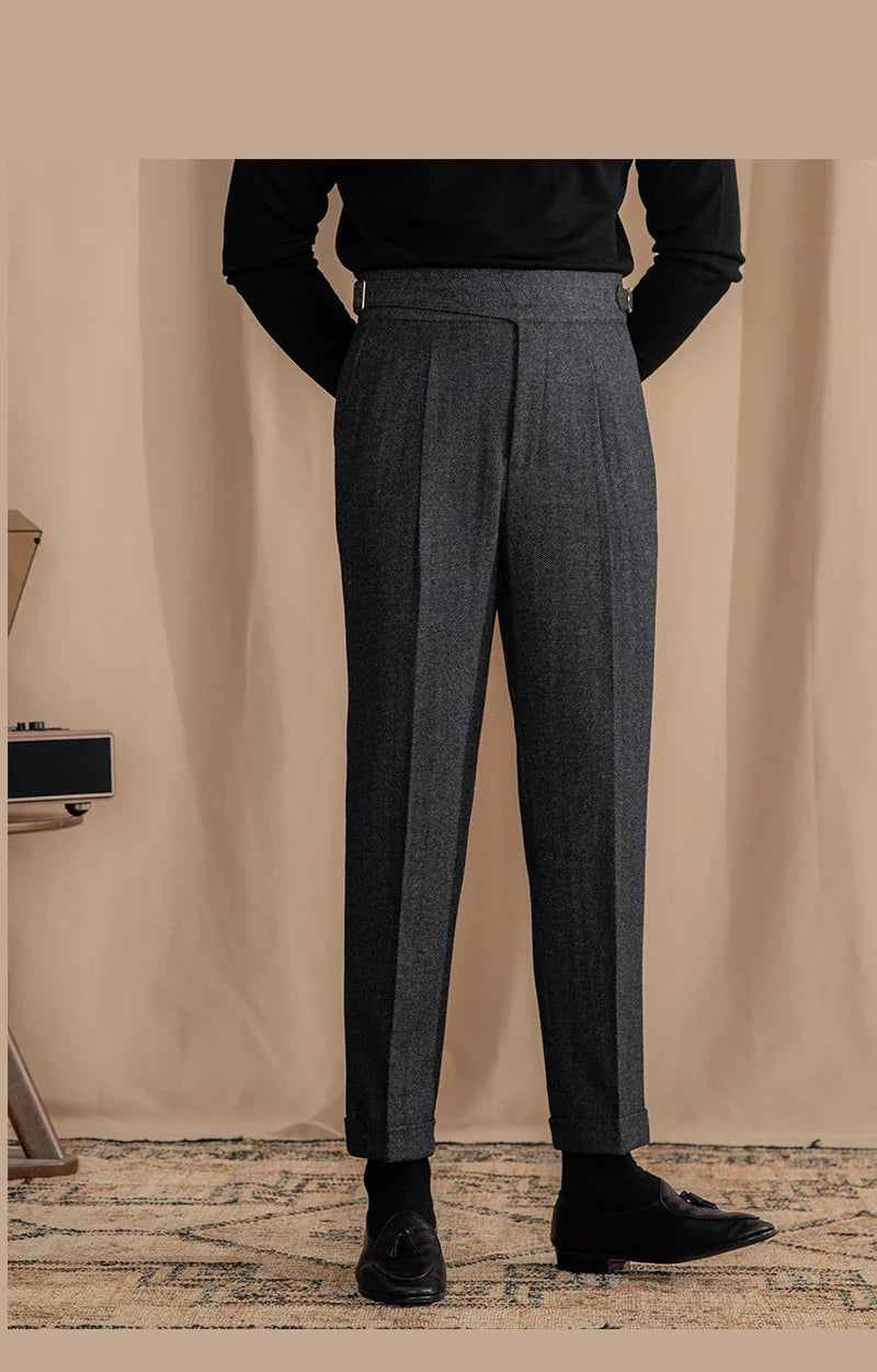 Men Vintage Wool Herringbone Pattern Pants | Casual | British | Warm | High Waist | Straight Pants