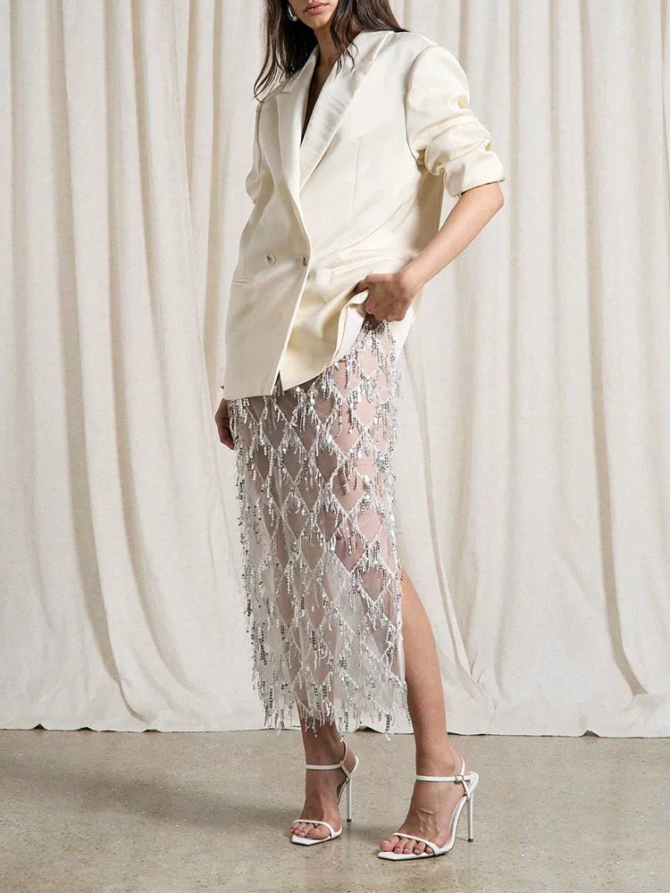 Women Sequin Fringe Maxi Skirt | Midi Mesh Pencil Skirt