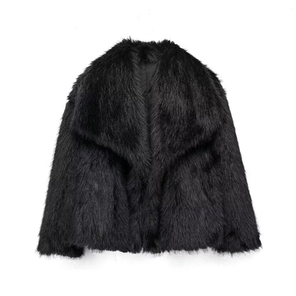 Women Short Woven Fur Coat | Loose Stand Collar Long Sleeve Coat Black