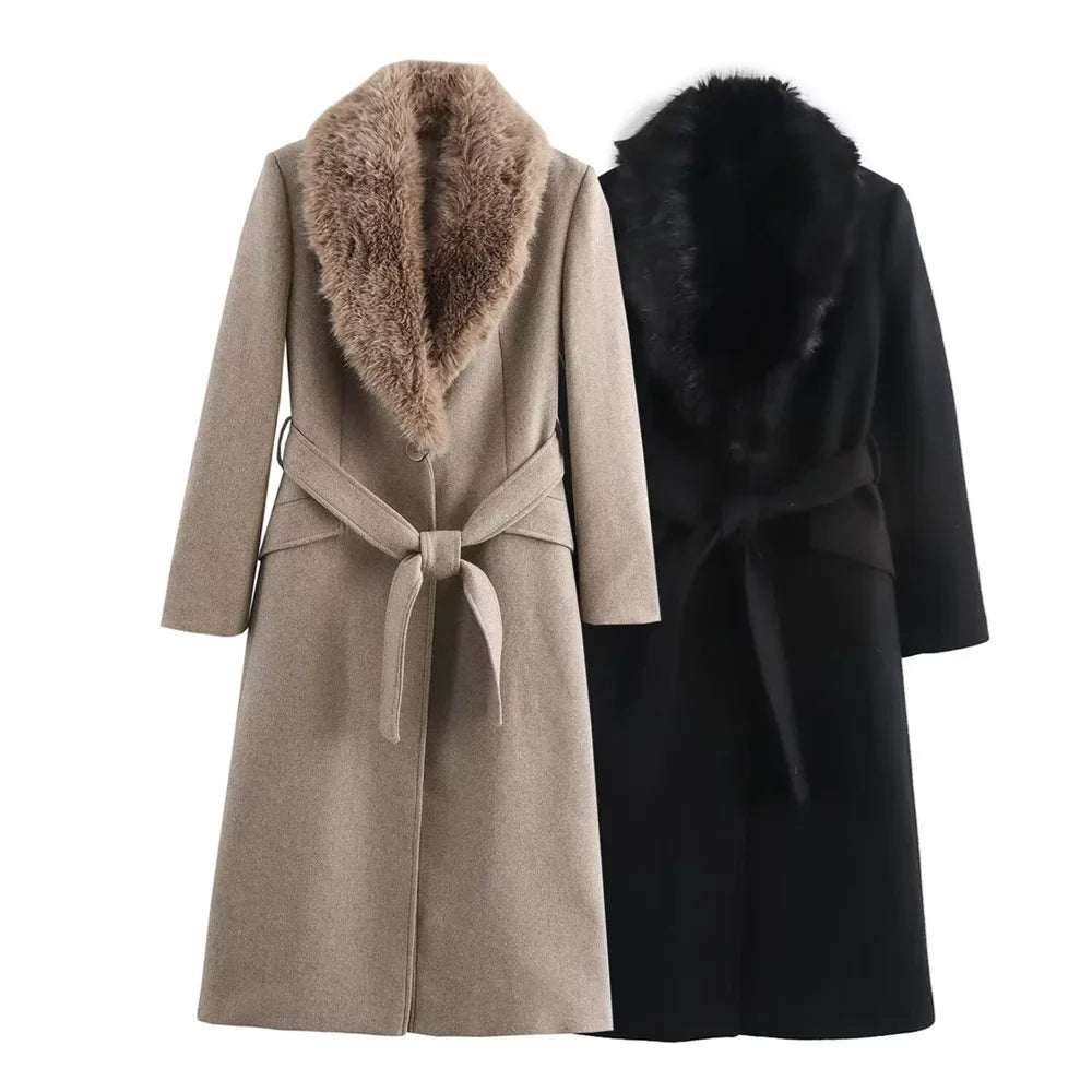 Women Belted Warm Fur Collar Coat | Flip Collar | Winter | Long Coat