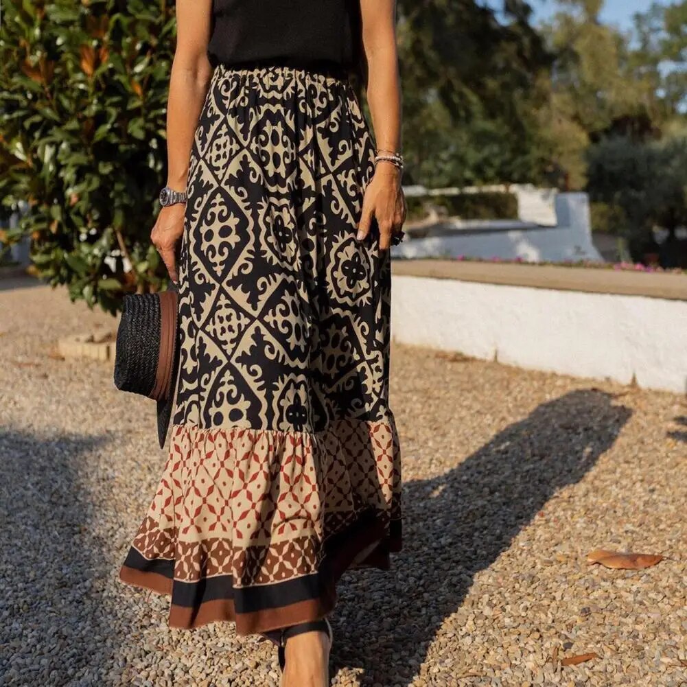 Seville | Women's Boho Maxi Skirt High Waist Floral Print Ruffle