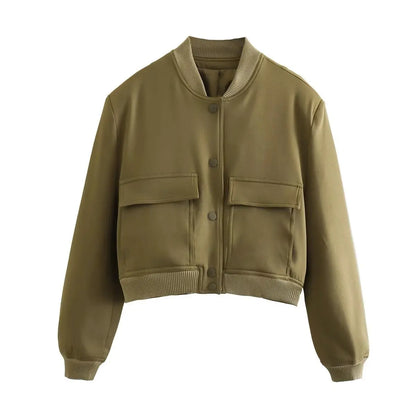 Women Solid Bomber Jacket Dark Green
