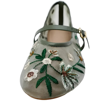 Women Flower Embroidered Mesh Ballet Flats | Mary Jane Shoes | Ballerina Flats | Ballet Pumps