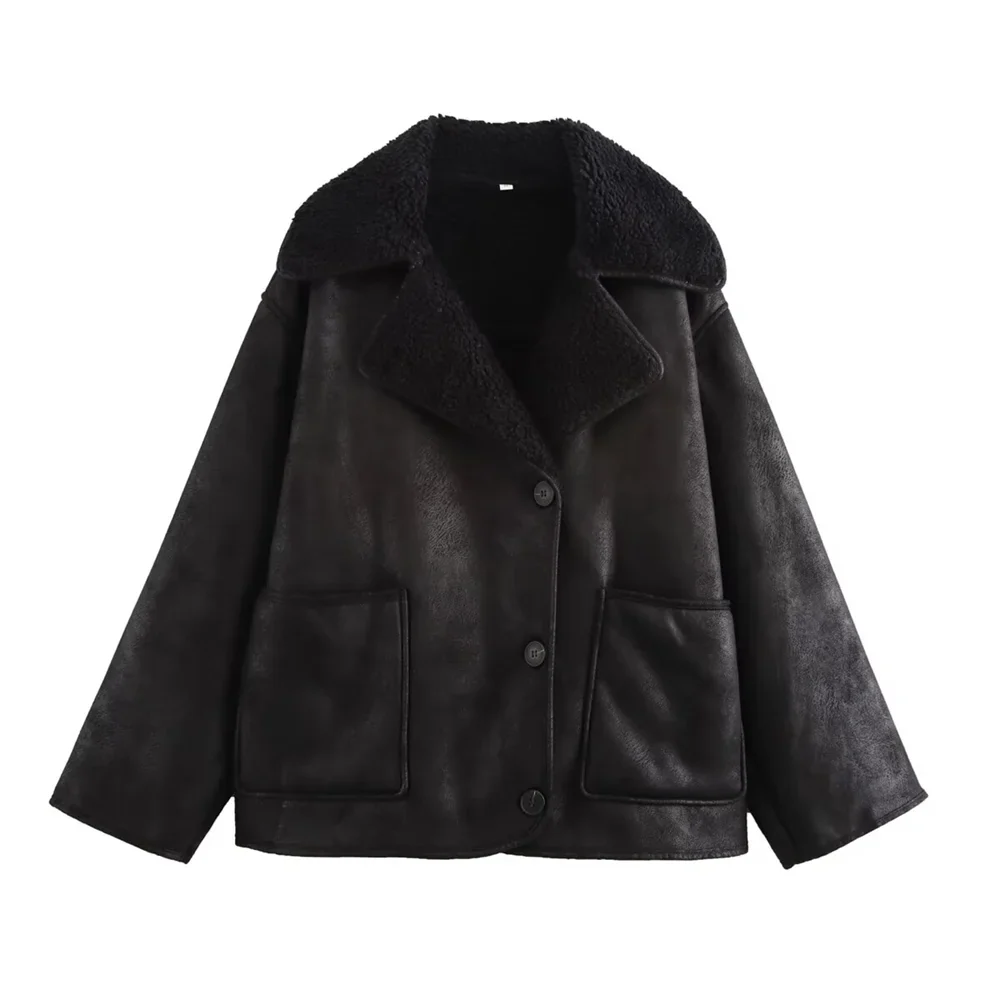 Women Loose Double Sided Collar Long Sleeve Warm Fur Jacket | Shearling Jacket black
