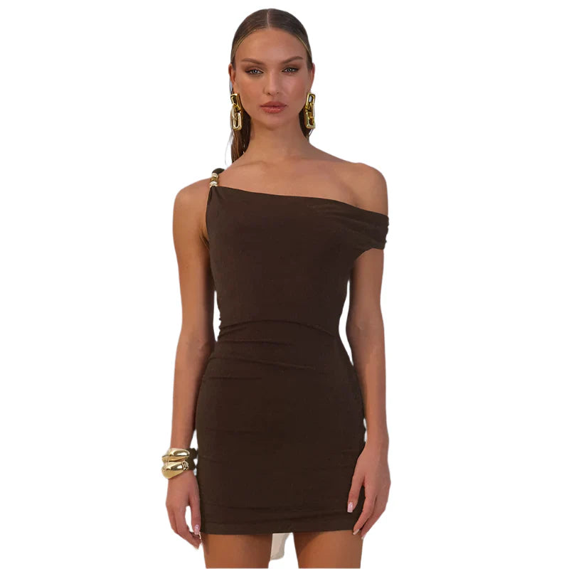 Women Summer Diagonal Shoulder Dress | Asymmetrical Mini Dress