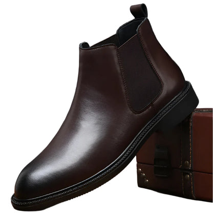 Men British Chelsea Boots | Leather Ankle Boots | Pointed Toe Thick Soled Boots Brown