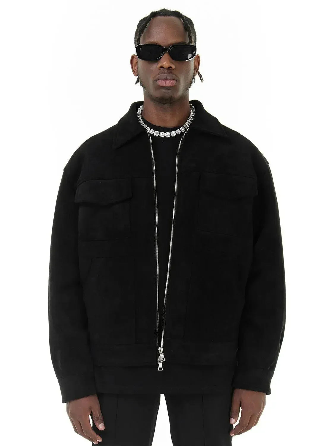 Men Vintage Twin Pocket Jacket | Suede Crock Jacket with Zipper Black
