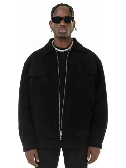Men Vintage Twin Pocket Jacket | Suede Crock Jacket with Zipper Black