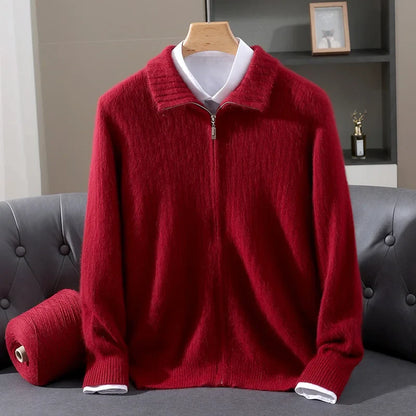 Men Mink Cashmere Zipper Cardigan | Knit Sweater | Loose Red