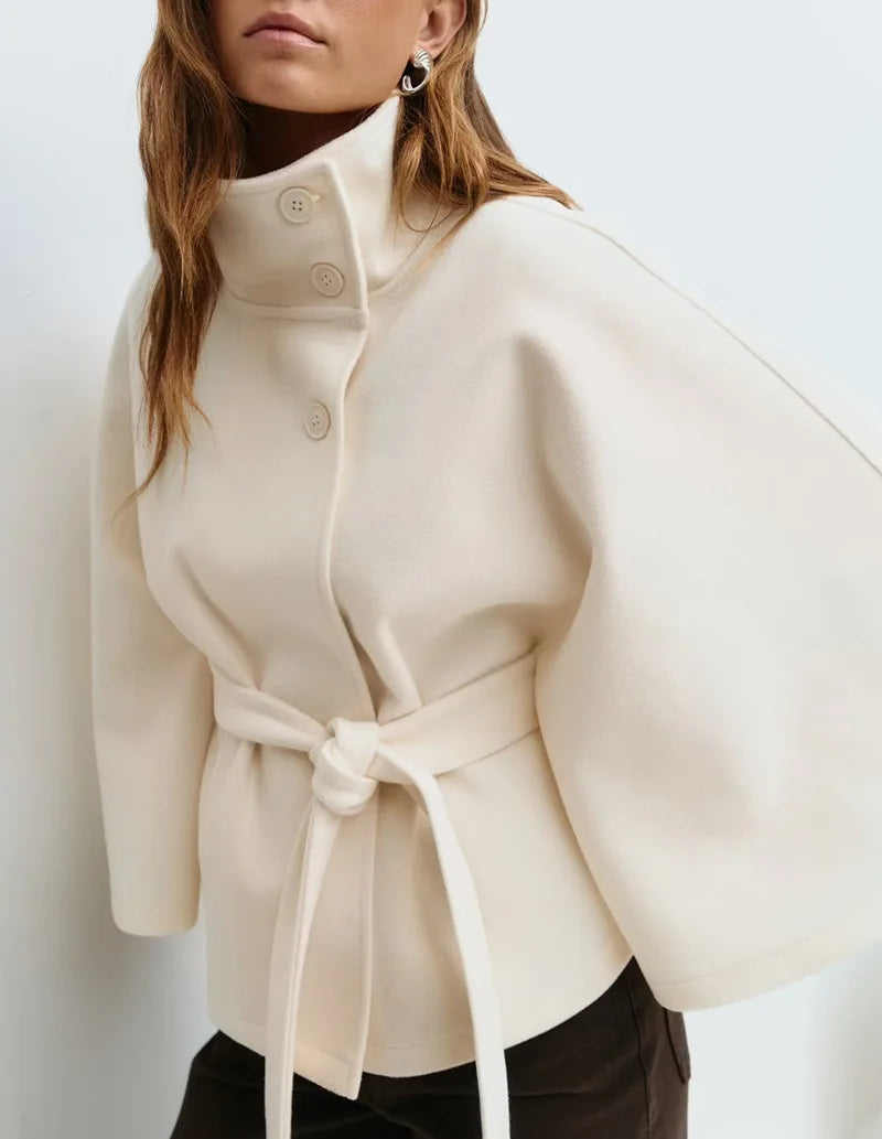 Women Trench cape Coat | Stand Collar Windbreaker | Cape Long Sleeve | Batwing Sleeves | Autumn White
