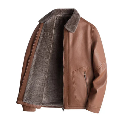 Men Thick Warm Fleece Leather Jacket | Business Casual Biker Coat | Motorcycle Fur Jacket brown