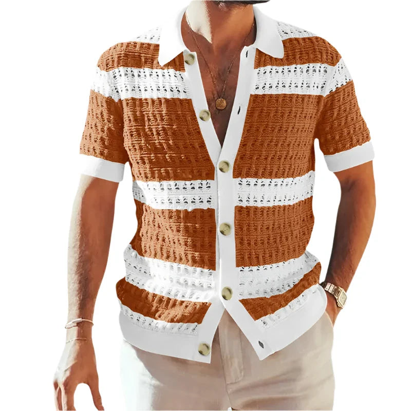 Men Casual Summer Loose Knitted Striped Shirt | Short Sleeve Buttoned Lapel Knit Cardigan Brown