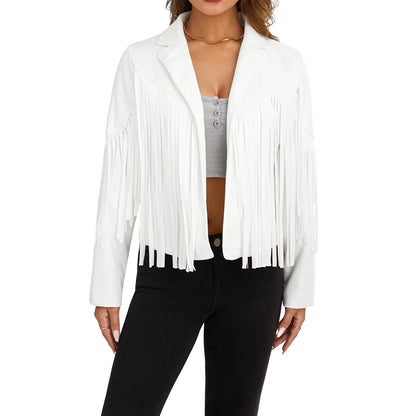 Women Cropped Spring Fringe Jacket | Tassel Jacket White
