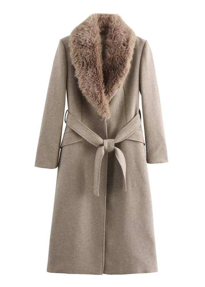 Women Belted Warm Fur Collar Coat | Flip Collar | Winter | Long Coat Khaki